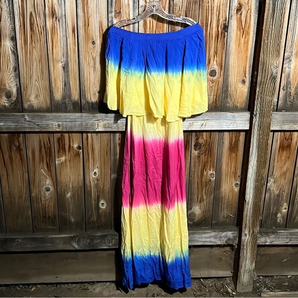 AREA multi-ombre flutter dress maxi yellow blue pink tie dye Medium NWT